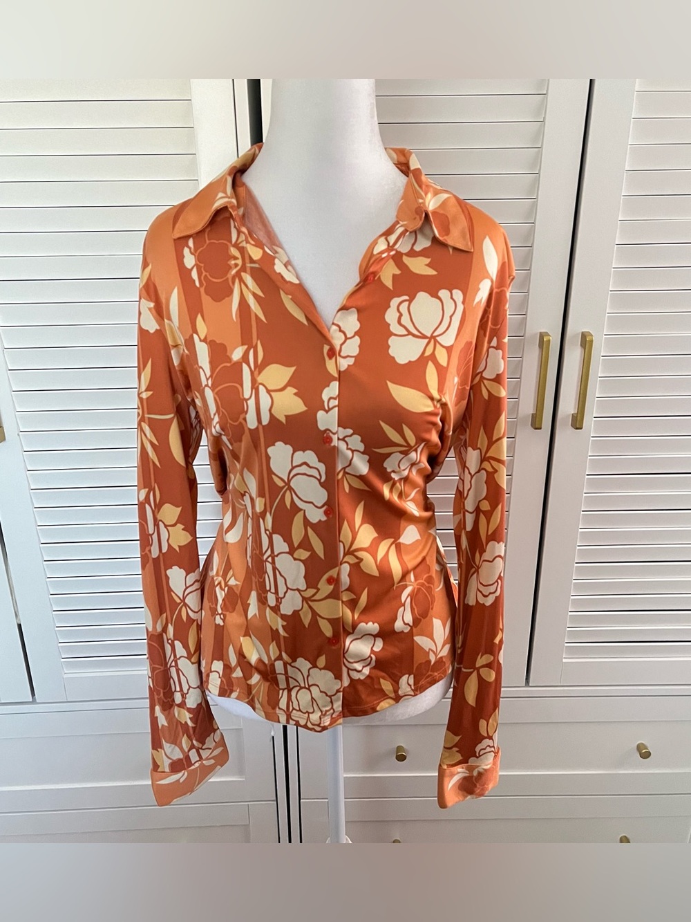 VTG Y2K The Limited Orange Floral Boho 100% Silk Button Long Sleeve Deadstock